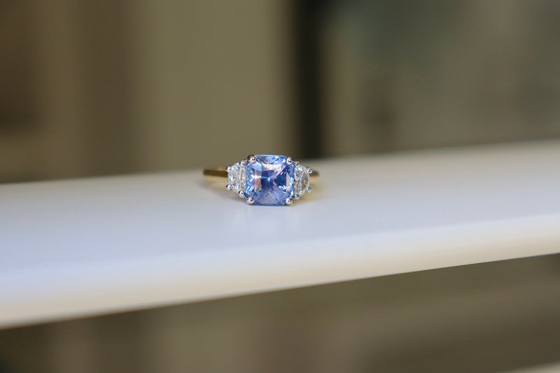 18ct Yellow and White Gold Colour Change Violet - Blue Sapphire and Half Moon Diamond 3 Stone Ring