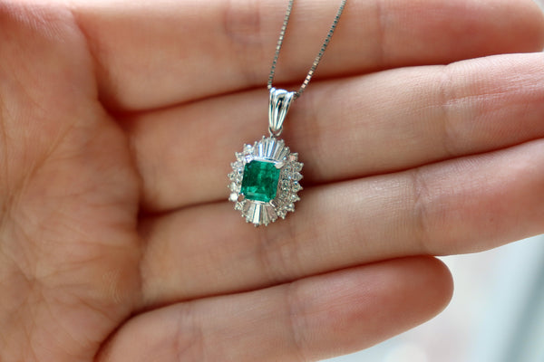 Platinum Emerald and Diamond Cluster Style Necklace