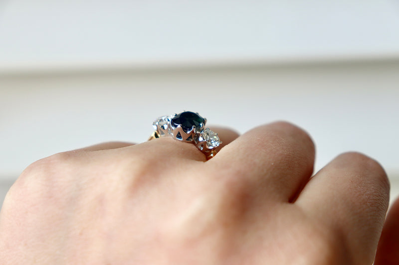 18ct Yellow and White Gold Sapphire and Diamond Antique Style 3 Stone Ring