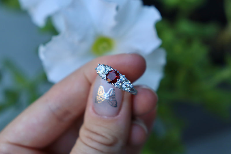 18ct White Gold Ruby and Old Cut Diamond Victorian Style Ring