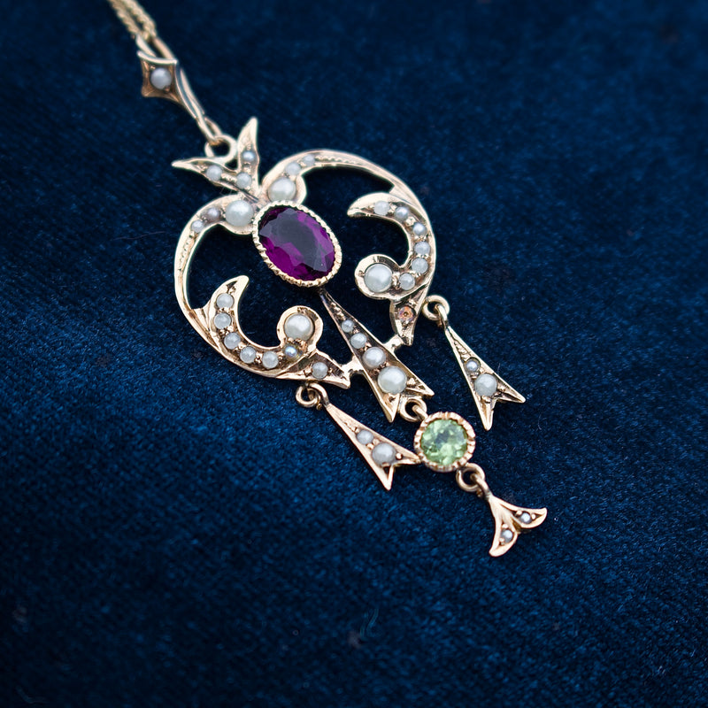 9ct Yellow Gold Antique Suffragette Amethyst, Peridot and Pearl Necklace