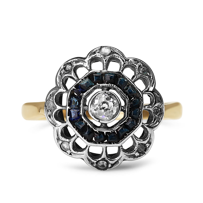 18ct Yellow and White Gold Art Deco Sapphire and Old Cut Diamond Ring