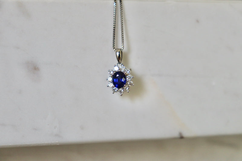 Platinum Sapphire and Diamond Halo Cluster Necklace