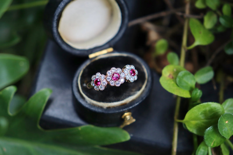 18ct Rose Gold Ruby and Diamond Triple Daisy Ring