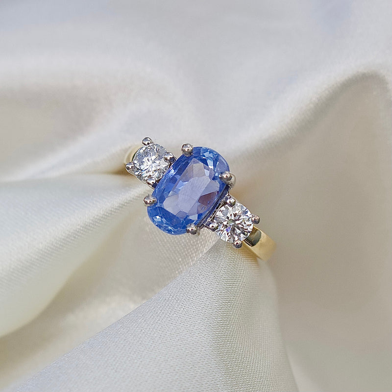 18ct Yellow and White Gold Oval Sapphire and Diamond 3 Stone Ring