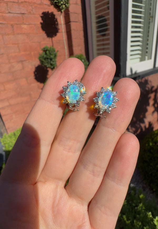 14ct White Gold Opal and Diamond Halo Earrings