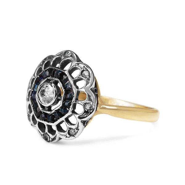 18ct Yellow and White Gold Art Deco Sapphire and Old Cut Diamond Ring
