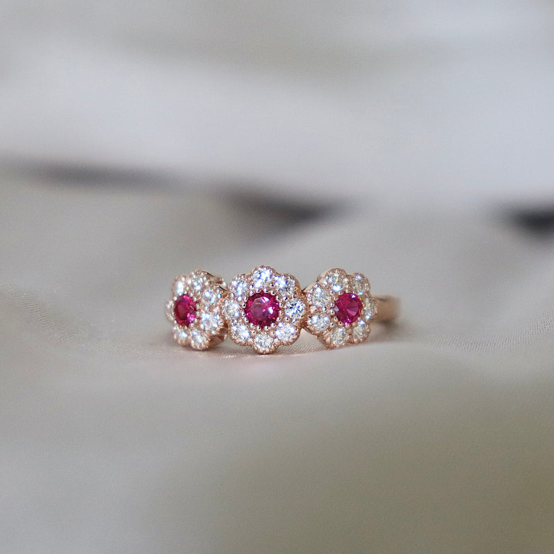 18ct Rose Gold Ruby and Diamond Triple Daisy Ring