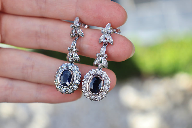 Palladium Sapphire and Single Cut Diamond Floral Drop Earrings