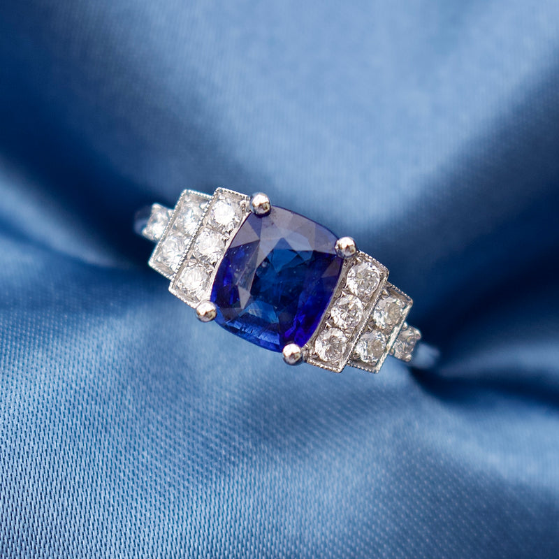 18ct White Gold Cushion Sapphire and Art Deco Style Stepped Down Diamond Ring