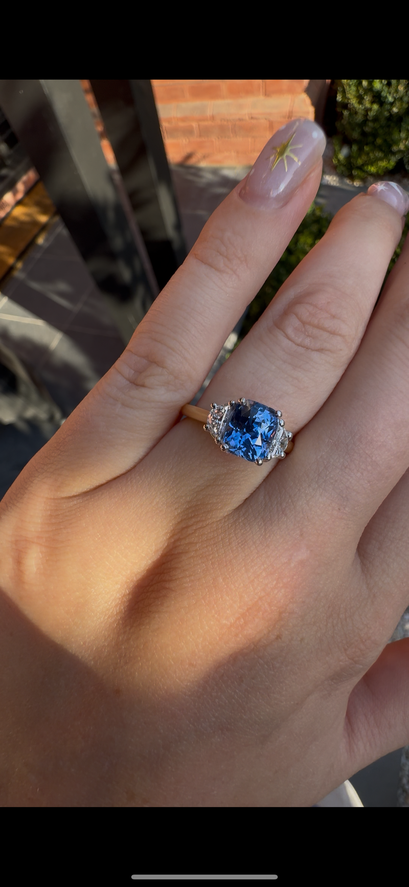 18ct Yellow and White Gold 2.60ct Cornflower Blue Sapphire and Half Moon Diamond 3 Stone Ring
