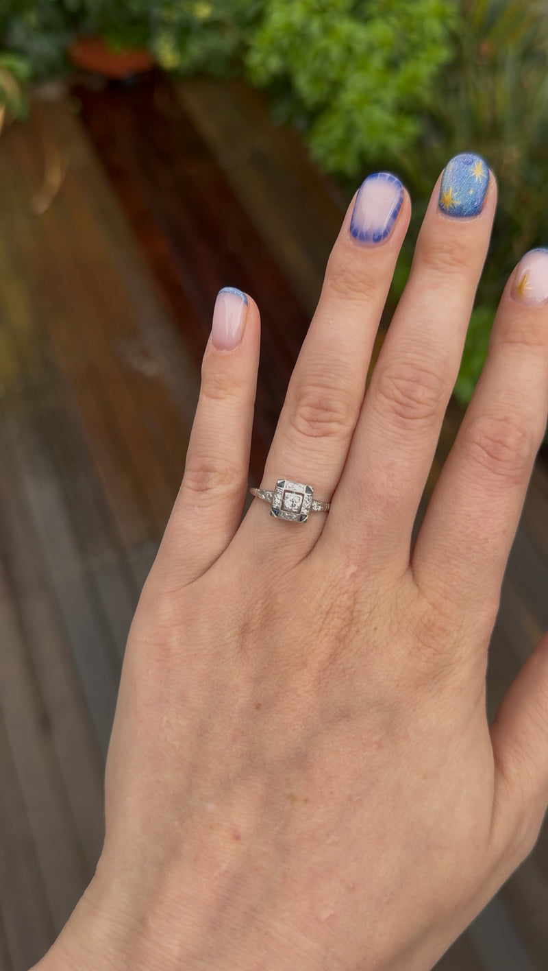 Platinum Antique Art Deco Sapphire and Old Cut Diamond Ring