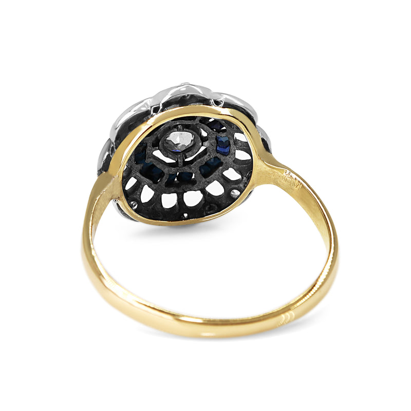 18ct Yellow and White Gold Art Deco Sapphire and Old Cut Diamond Ring