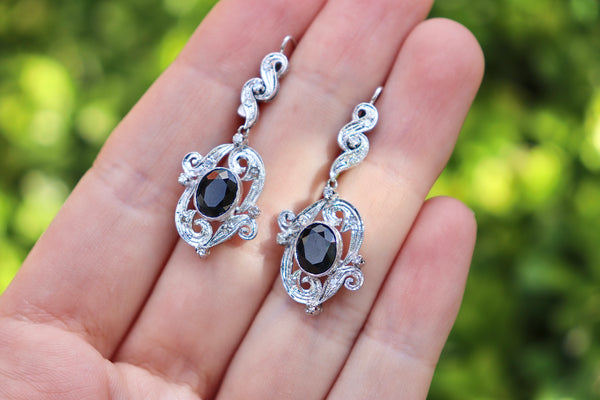 Palladium Sapphire and Single Cut Diamond Vintage Earrings