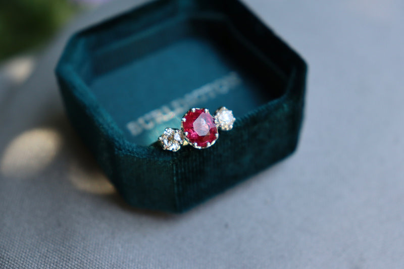 18ct Yellow and White Gold Vintage Style Ruby and Diamond 3 Stone Ring