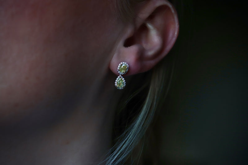 18ct Yellow and White Gold Oval and Pear Yellow Diamond Halo Drop Earrings