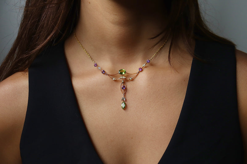 15ct Yellow Gold Antique Peridot, Pearl and Amethyst Suffragette Necklace