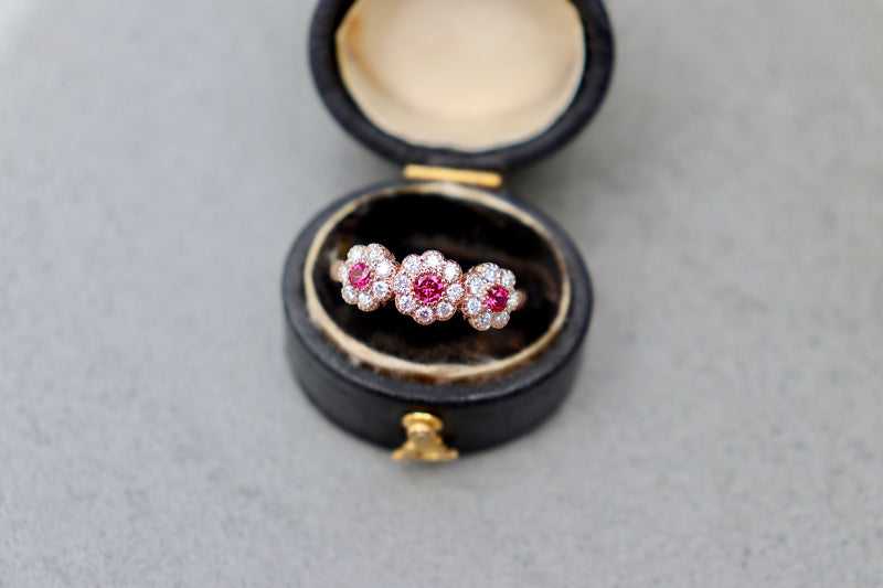 18ct Rose Gold Ruby and Diamond Triple Daisy Ring