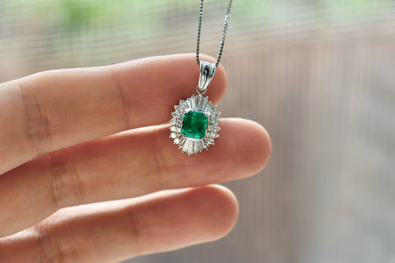 Platinum Emerald and Diamond Cluster Style Necklace