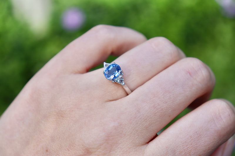 Platinum Sapphire and Diamond Trillion 3 Stone Ring