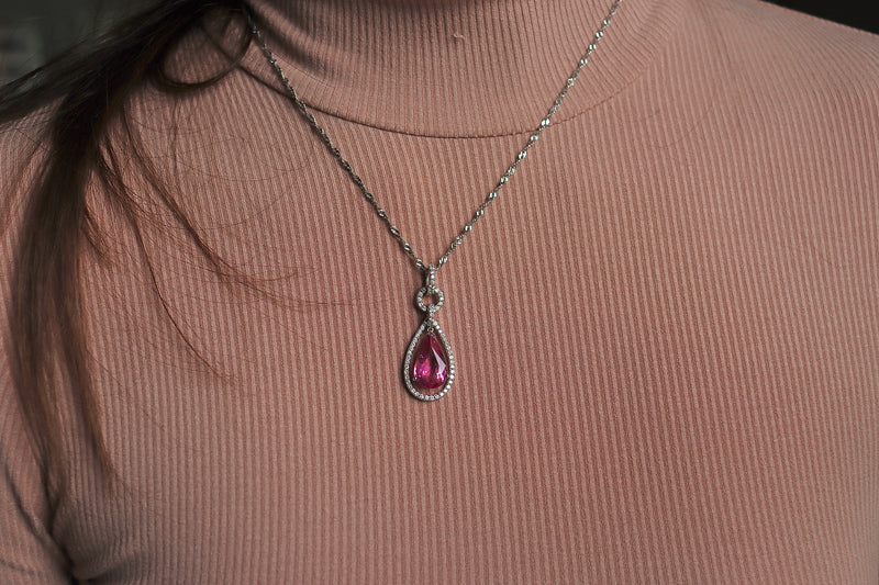 18ct White Gold Pink Tourmaline and Diamond Drop Halo Necklace