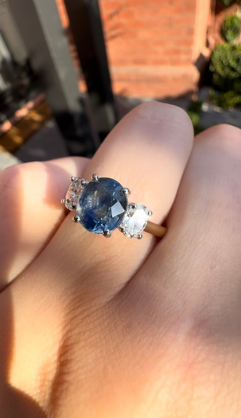 18ct Yellow and White Gold Oval Sapphire and Diamond 3 Stone Ring