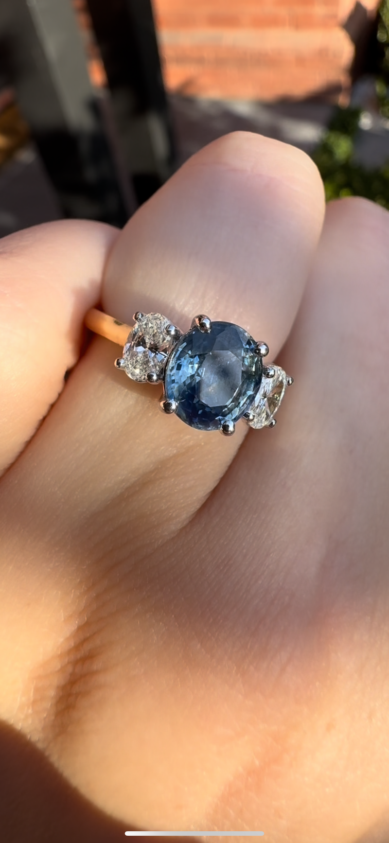 18ct Yellow and White Gold Oval Sapphire and Diamond 3 Stone Ring