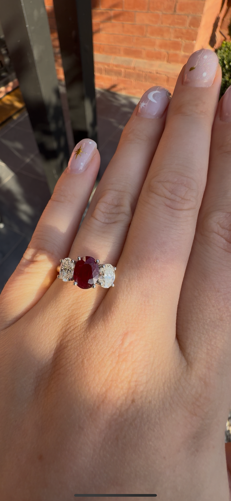 18ct Yellow and White Gold Oval Ruby and Diamond 3 Stone Ring