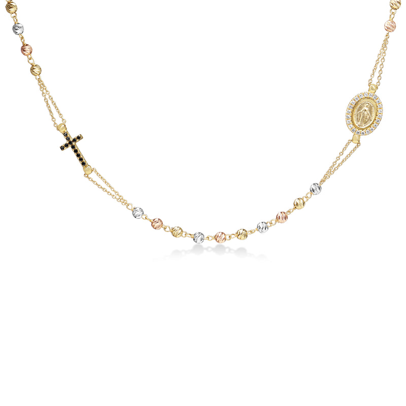 18ct Yellow, Rose and White Rosary Bead Necklace With Sapphires and Diamonds