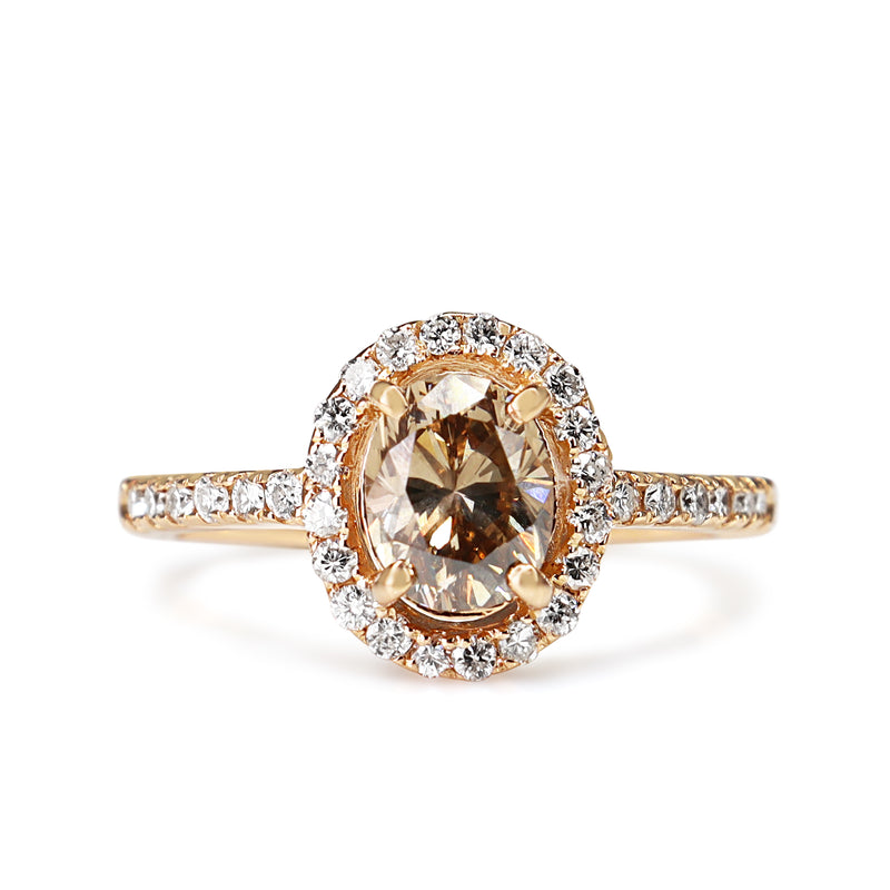 18ct Rose Gold Oval Champagne Diamond Halo Ring