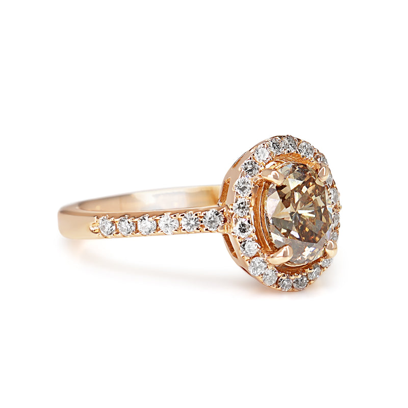 18ct Rose Gold Oval Champagne Diamond Halo Ring
