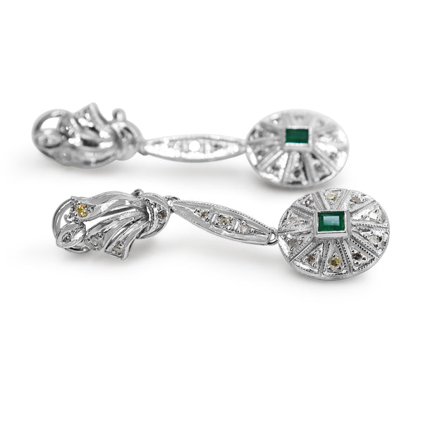 Palladium Deco Emerald and Diamond Drop Earrings