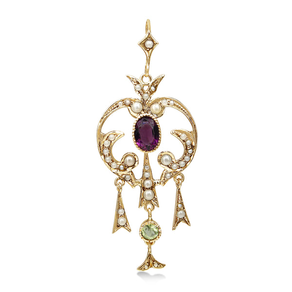 9ct Yellow Gold Antique Suffragette Amethyst, Peridot and Pearl Necklace