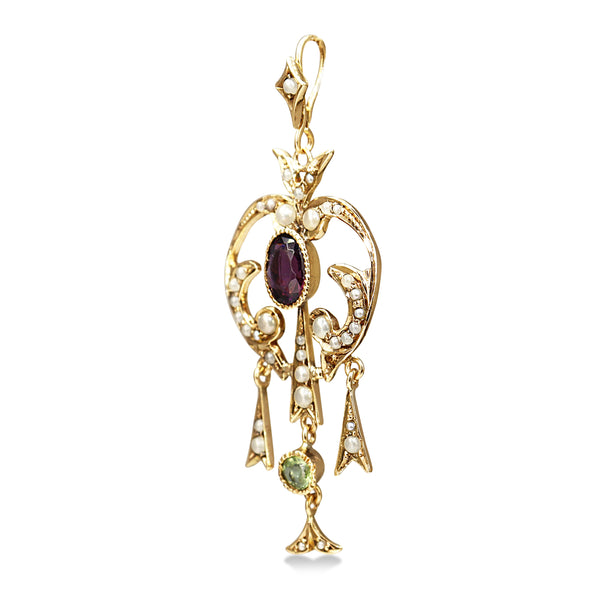 9ct Yellow Gold Antique Suffragette Amethyst, Peridot and Pearl Necklace