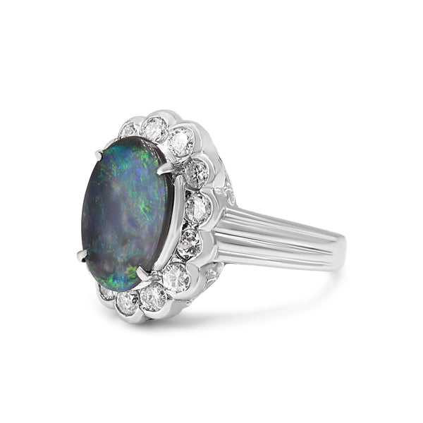 Platinum Opal and Diamond Daisy Style Ring