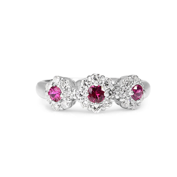 Platinum Ruby and Diamond 3 Stone Halo Cluster Ring