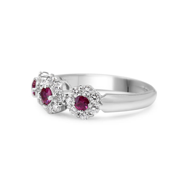 Platinum Ruby and Diamond 3 Stone Halo Cluster Ring