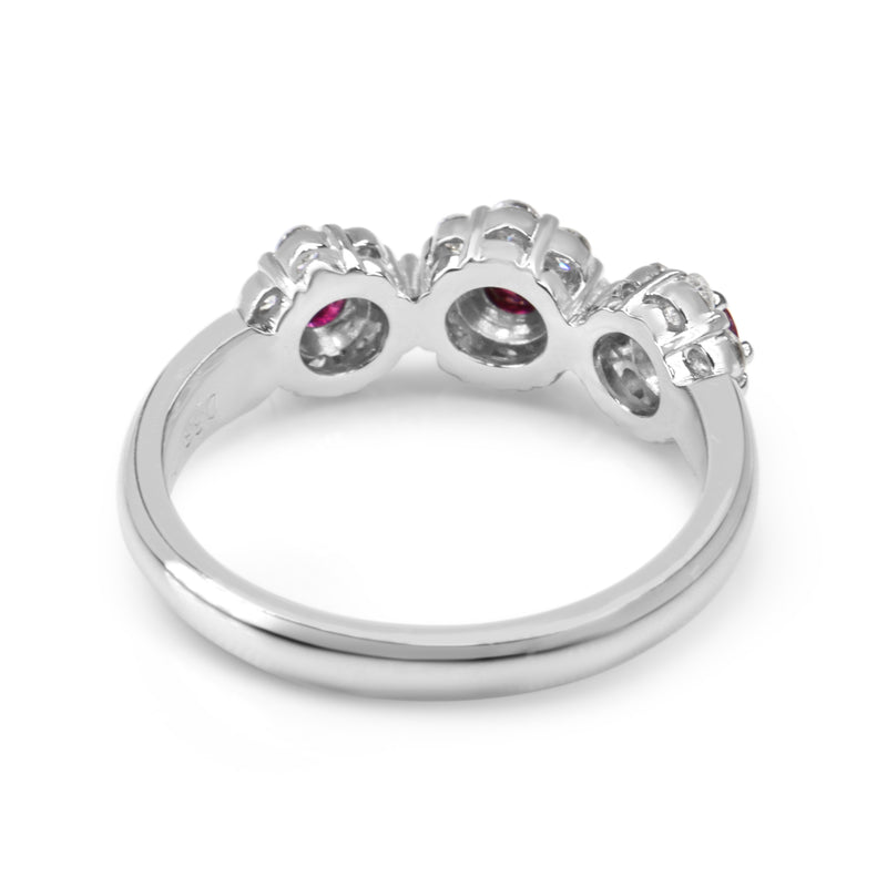 Platinum Ruby and Diamond 3 Stone Halo Cluster Ring