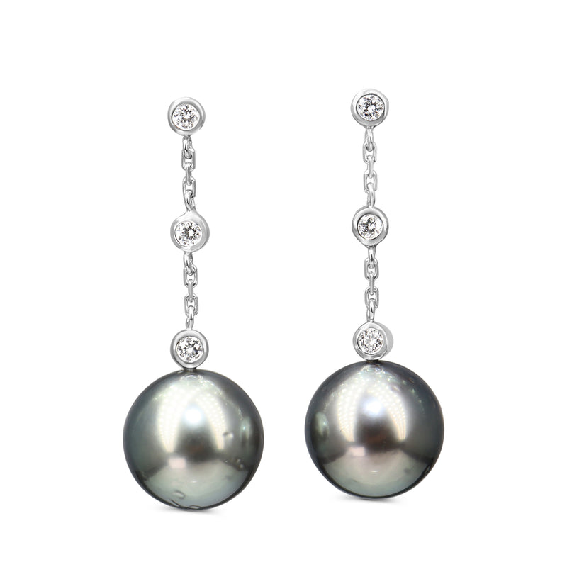 18ct White Gold 11.2mm Tahitian Pearl and Diamond Drop Earrings