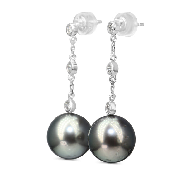 18ct White Gold 11.2mm Tahitian Pearl and Diamond Drop Earrings