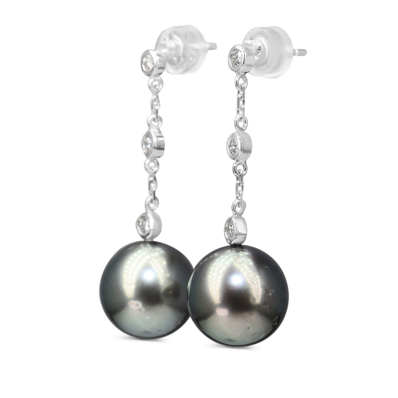 18ct White Gold 11.2mm Tahitian Pearl and Diamond Drop Earrings