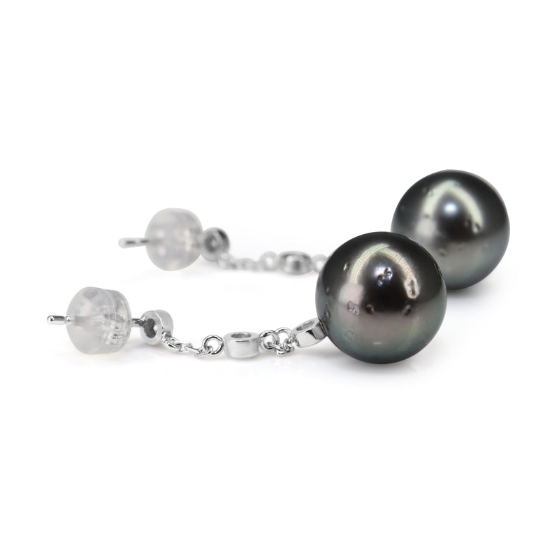 18ct White Gold 11.2mm Tahitian Pearl and Diamond Drop Earrings