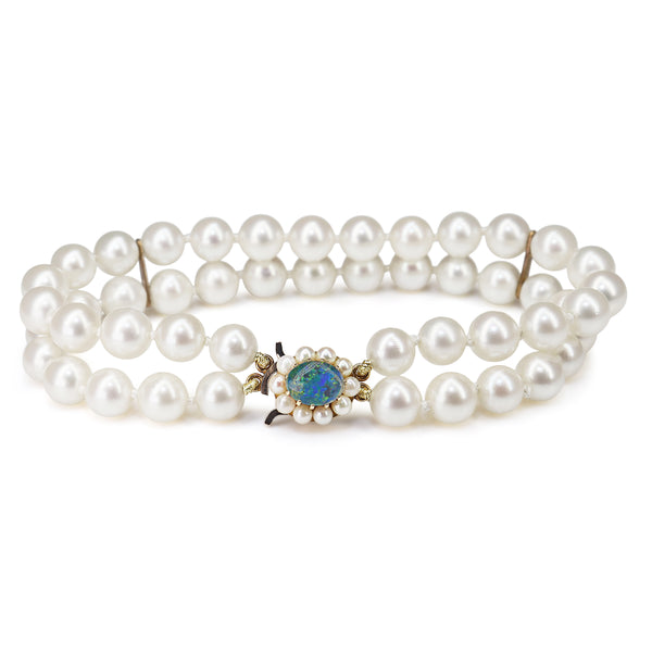 9ct Yellow Gold Triplet Opal and 7mm Pearl Double Row Bracelet