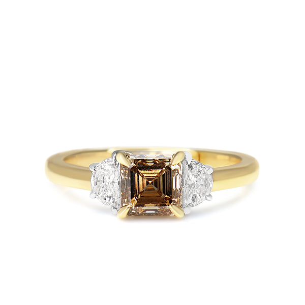 18ct Yellow and White Gold Champagne Asscher and Half Moon Diamond 3 Stone Ring
