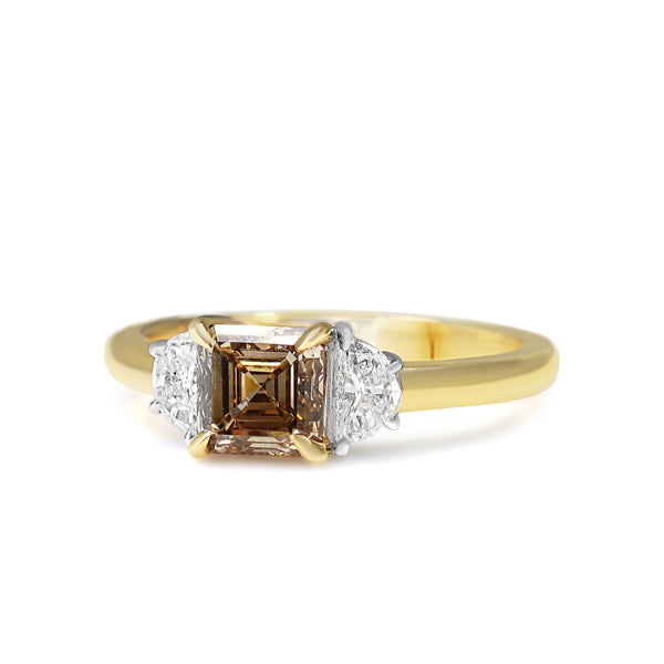 18ct Yellow and White Gold Champagne Asscher and Half Moon Diamond 3 Stone Ring