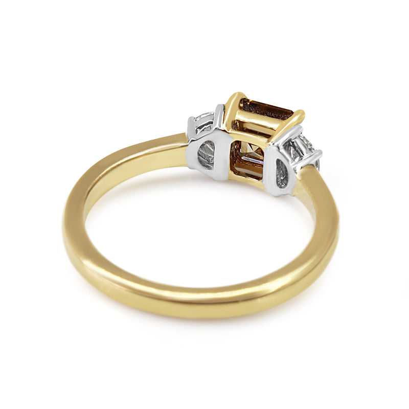 18ct Yellow and White Gold Champagne Asscher and Half Moon Diamond 3 Stone Ring