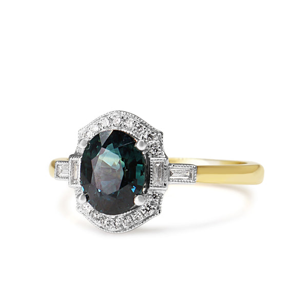 18ct Yellow and White Gold Deco Style Sapphire and Diamond Halo Ring