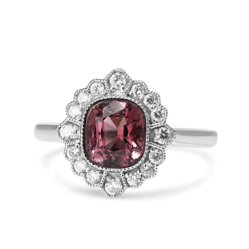 18ct White Gold Pink Tourmaline and Diamond Art Deco Style Halo Ring