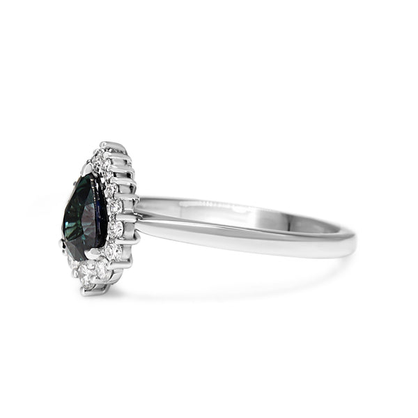 18ct White Gold Pear Sapphire and Graduated Diamond Halo Ring
