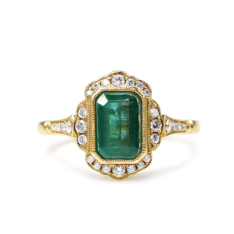 18ct Yellow Gold Emerald and Diamond Halo Ring